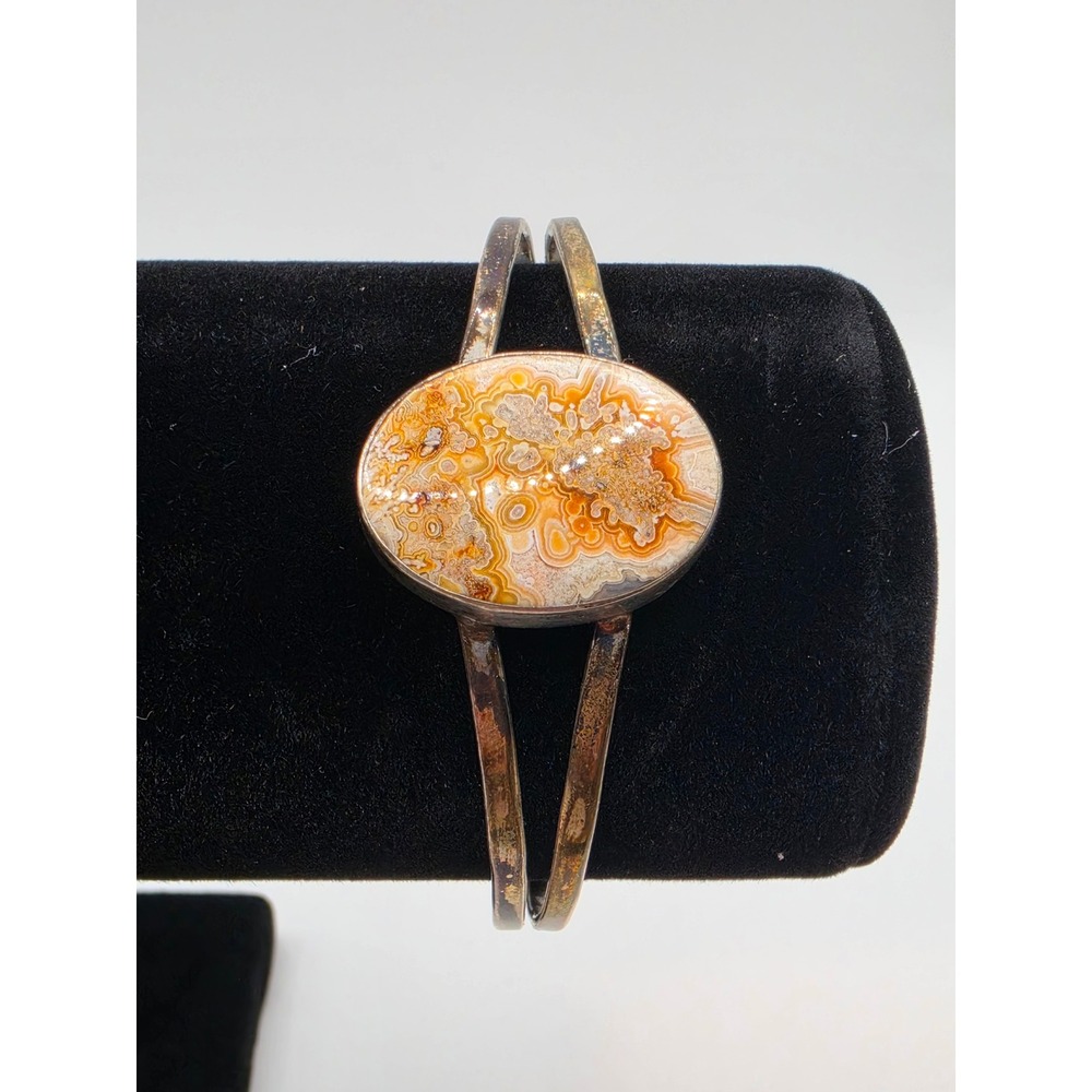 Vintage Crazy Lace Agate Split Shank Cuff Bracelet Silver Tone Earthy Boho Stone